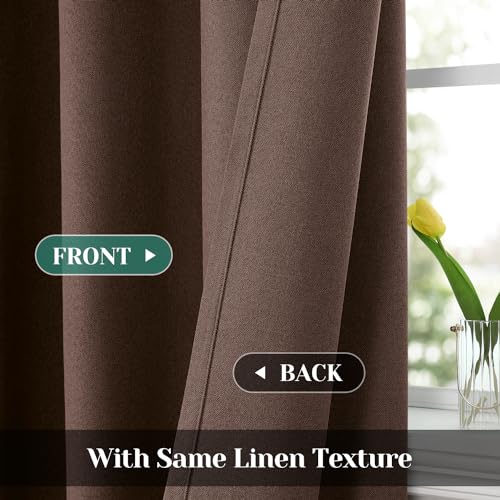 Image of HOMEIDEAS 100% Blackout Brown Linen Curtains 52W x 84L 2 Panels | Faux Linen, Thermal Insulated, Blackout Grommet Window Drapes, for Bedroom, Living Room