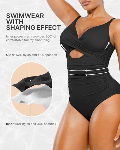 SHAPELLX Tummy Control Swimsuits Women V Neck One Piece Bathing Suit Ruched Push Up Slimming Swimwear Built-in Bra4