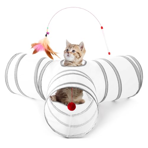 Image of Tempcore Cat Tunnel for Indoor Cats, 3 Way Collapsible Pet Play Tunnel with Teaser Wand, Peek Holes & Hanging Ball, Interactive Tube for Kittens & Rabbits, White & Light Grey