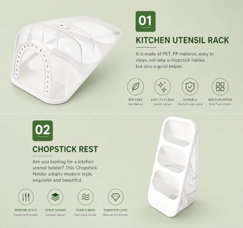 Image of Kitchen Utensil Holder with Drain Tray & Dustproof Cover | 3 Compartment Cutlery Organizer | Self Draining Countertop Storage Rack for Spoons Forks Chopsticks Kitchen Accessories (White)