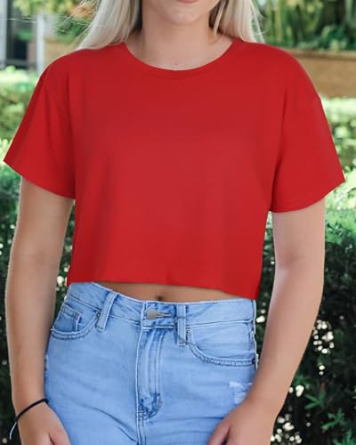 Image of Womens Summer Crop Tops Short Sleeve Round Neck T-Shirts Loose Fit Casual Blouse 2026