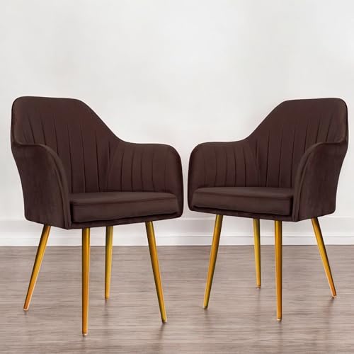 Image of Set of 2 Accent Chair for Living Room | Modern Armchair in Soft Velvet Fabric with Sturdy Legs | Premium Chair for Home Living Room Bedroom Restaurent | (Gold Legs, Dark Brown)