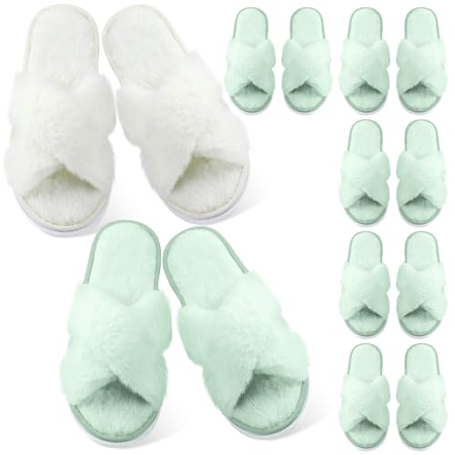 7 Pairs Sage Green Blue Bridesmaid Slippers Purple Women's Cross Band Fuzzy Bridal Party Slippers Bachelorette Gifts for Wedding Bridal Shower Party