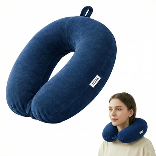 Image of CRAE Soft Fibre Filled Neck Pillow for Car, Train, Flight Travel, Neck Support Rest Pillow with Attachable Snap Strap | Pack of 1 | Blue