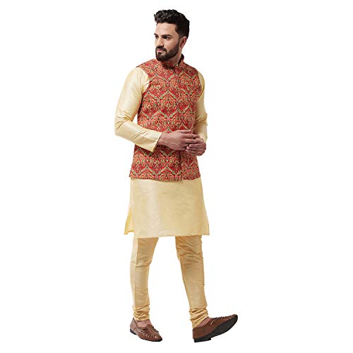 Image of SOJANYA (Since 1958 Men's Silk Blend Gold Kurta Pyjama & Printed Nehrujacket Combo