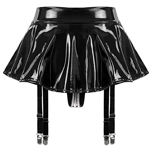 easyforever Womens Shiny Metallic Leather Micro Skirt Latex Liquid Ruffle Skirt Built-in Thongs4
