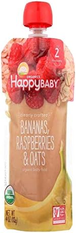 Happy Baby - USDA Organic Stage 2 Baby Food Contains Bananas Raspberries Oats Resealable Pouch Non GMO Gluten Free - 113g