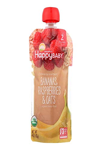Happy Baby - USDA Organic Stage 2 Baby Food Contains Bananas Raspberries Oats Resealable Pouch Non GMO Gluten Free - 113g