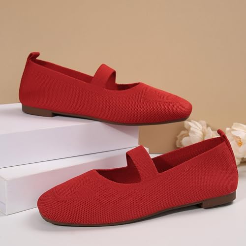 Ballet Flats for Women Ballet Flats Slip On Shoes Non-Slip Knitted Trainers Comfortable Round Toe Wide fit Work Flats Ladies Flat Pumps UK Size Slip On Loafers Ballet Ballerina Dolly Shoes Red - Image 6