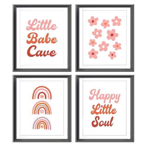 Image of Little Babe Cave Happy Little Soul Boho Nursery Poster Prints for Kids Baby Girls Room Playroom Nursery Decor, Orange Groovy Hippie Rainbow Flowers Decorations Print Wall Art Unframed 4pcs 8x10 Inches