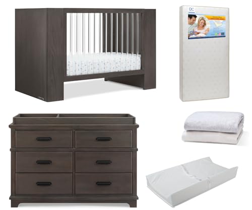 Delta Children Aerin Crib 6-Piece Baby Nursery Furniture Set–Includes: Convertible Crib, 6 Drawer Dresser, Changing Top, Crib Mattress, Sheets & Changing Pad, Rustic Grey