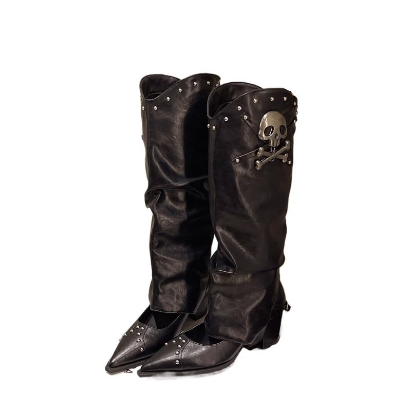 Bottes hauteur genou punk à motif crâne et bout pointu pour femme