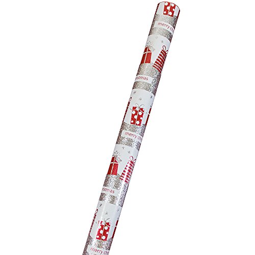 JAM Paper® Christmas Wrapping Paper - 25 Sq Ft - Silver 'Merry Christmas' Sparkle with Red Presents Gift Wrap Rolls - Sold Individually