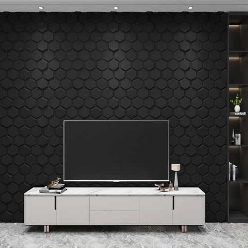 Image of Kayra Decor 3D PVC Wall Panel Black Textures Hexagon Design Pack of 12 (19.7 inch X 19.7 inch Covers 32.28 Sq. ft.) PVC Panel for Home Kitchen Studio Saloon Living Room Gaming Room and Office Decor