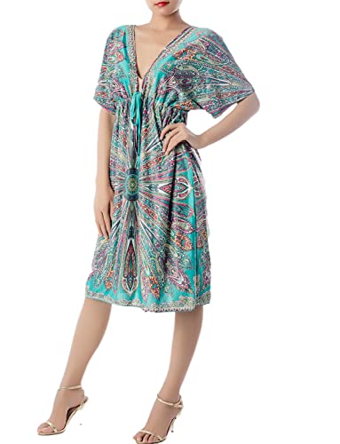 Ib-Ip Women's Plunge Deep V-Neck Floral Cozy Sack Relaxed Mid-Thigh Tunic Dress, Size: 10, Sea Green #TOP1