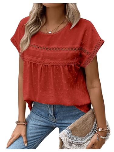 SweatyRocks Women's Casual Short Sleeve Summer Top Round Neck Lace Crochet Blouse Swiss Dots Blouse Tops3
