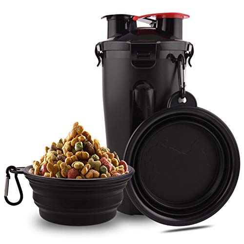 MATT SAGA Botella de Agua para Perros Portatil Envase de Comida para Perros con 2 Plegable Tazones para Perros Gatos Mascotas Adecuado para al Aire Libre Caminar Viajar (Negro)