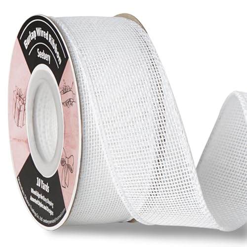 Burlap Wired Ribbon 1-1/2 Inch x 10 Yards Solid Wired Edge Ribbon for Big Bows, Wreaths, Outdoor Decoration, Gift Wrapping, Fall Crafts, Flower Bouquets, Garland (White)