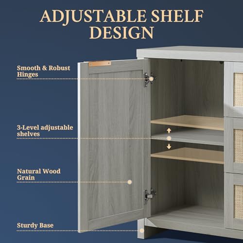 Image of OAKHAM HOME Hampstead 3 Drawer Storage Cabinet Accent Storage Cabinet with Rattan Drawers, Buffet Kitchen Cabinet Sideboard Buffet with Adjustable Interior Shelves for Living Room, Hallway, Pale Oak