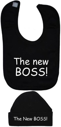 The New Boss Baby Feeding Bib & Matching Beanie Hat/Cap - 3-6 Months - Black