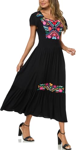Image of Women's Summer Maxi Dress Casual Floral Embroidered Round Neck Short Sleeve Ruffle Tiered Dress Flowy Boho Beach Sundress