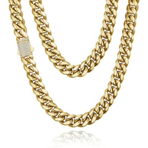 CG&KYGG 12mm Miami Cuban Link Chain 14K Real Gold Plated Stainless Steel Gold Necklace for Mens Womens (Double-sided Iced Out Clasp)