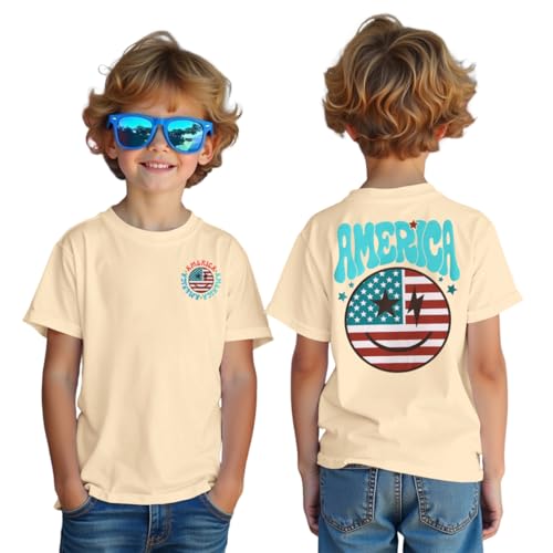 Image of MODNTOGA Boys Girls 4th of July Shirt USA Flag Graphic T-Shirt Big Kids America Print Short Sleeve Patriotic Holiday Tee Tops (Beige, 7-8 Years)