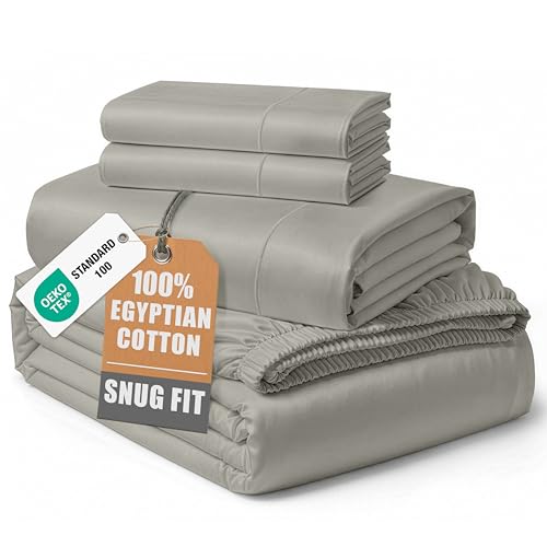 100% Egyptian Cotton Sheets King Size - Naturally Cooling & Breathable 4 Piece Silky Sateen Weave King Size Sheets Set, Ultra-Soft & Durable Hotel Luxury Sheets with 15' Snug Fit Deep Pockets - Silver
