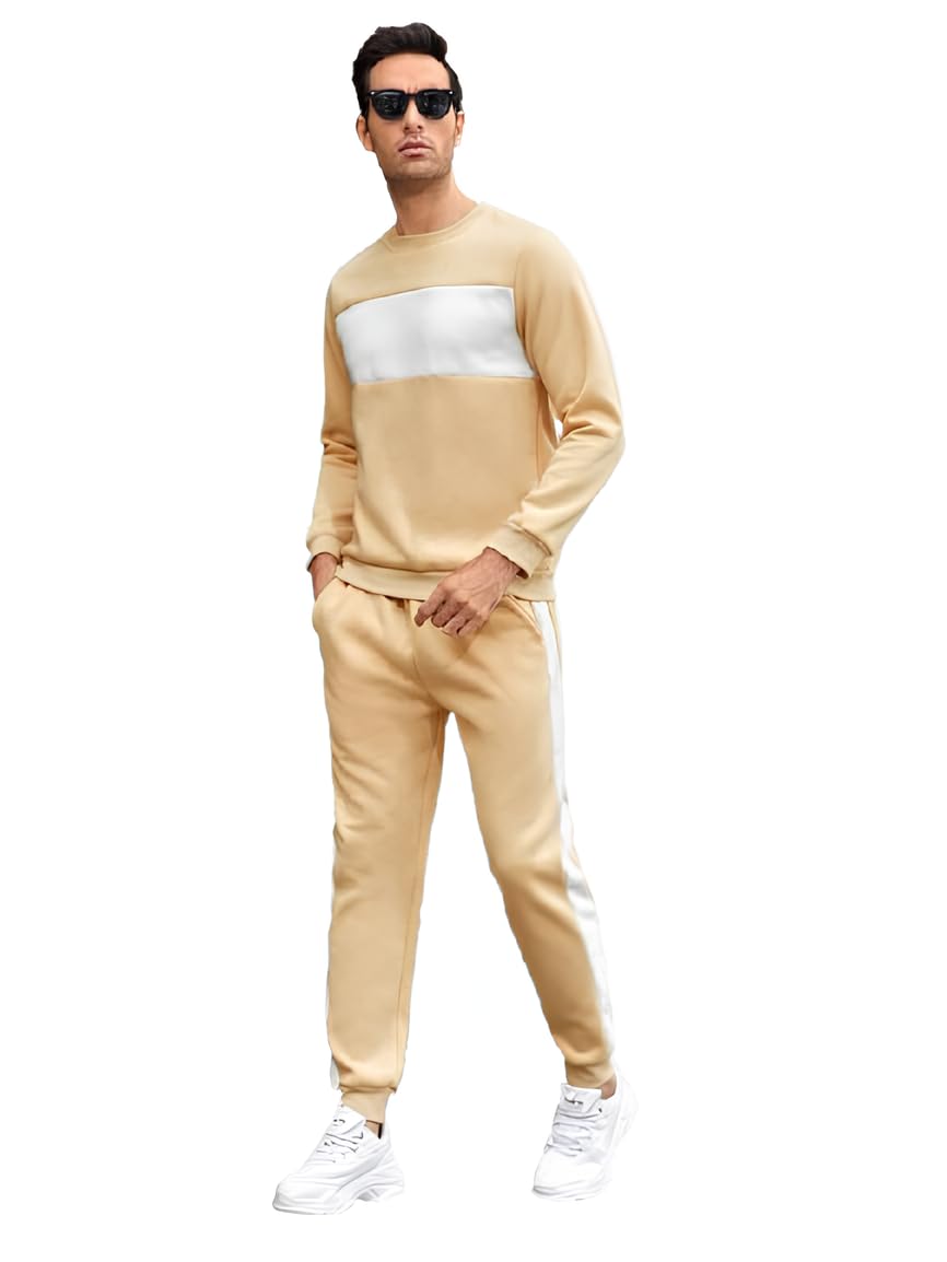cubiq Men's Lycra Cotton Beige and White Colourblock Tracksuit Co-ord Set, T-Shirt and Trousers (IN, Alpha, XL, Regular, BEIGE)-picture-26