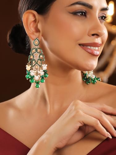 Image of Rubans Long Dangler Earrings Kundan & Pearl Ethnic Jewellery Gift for Women & Girls