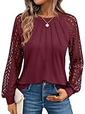 AUTOMET Womens Long Sleeve Shirts Lace Tops Business Casual Blouses 2025 Fall Fashion Teacher Outfits Trendy Clothes Knit T Y2k Ladies Dressy Work Professional Clothing Red L