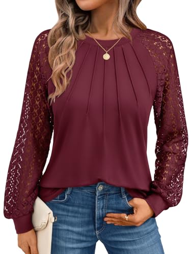 AUTOMET Womens Long Sleeve Shirts Lace Tops Business Casual Blouses 2026 Fall Winter Fashion New Years Eve Nye Outfits Trendy Clothes Knit T Ladies Dressy Work Professional Clothing Red S