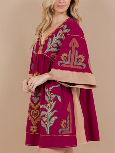 Image of Joiemont Womens Oversized Embroidered Dress with V-Neck and 3 /4 Sleeves Vintage Embroidery Babydoll Dress