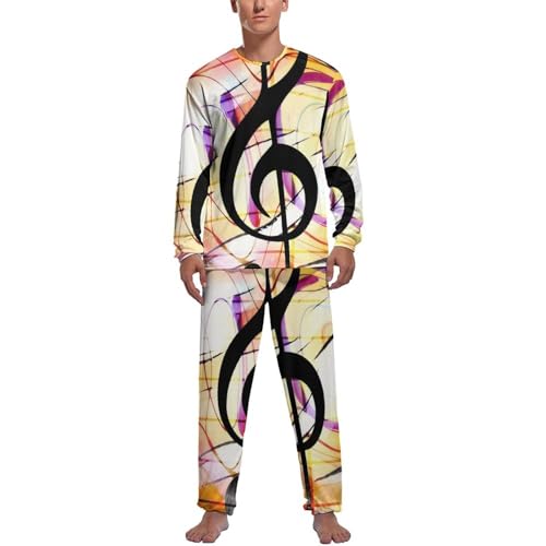 Pyjama homme manche longue pantalon vêtements de nuit imprimé musique jaune noir