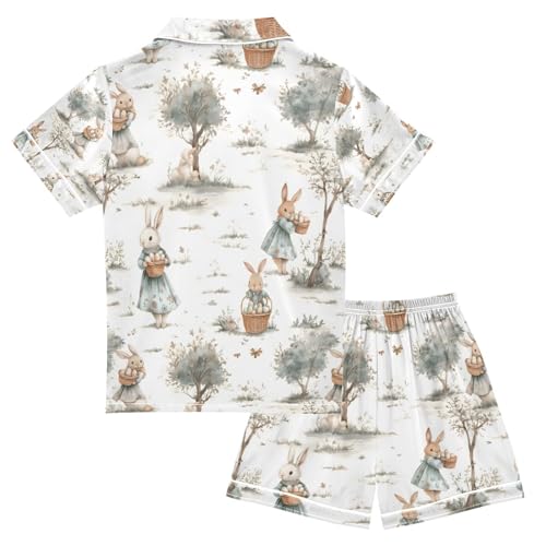 senya Watercolor Cute Bunnies 1 Satin Summer Pajama Sets Silk Short Sleeve Button Down Sleepwear2
