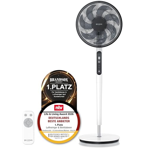 Brandson - DC Standventilator energiesparend ECO - Sieger Ventilatoren 2026 - Fernbedienung - Brushless Silent Motor - sehr leise Oszilation 60 90 120 - 9 Stufen - Turbo Modus - weiß