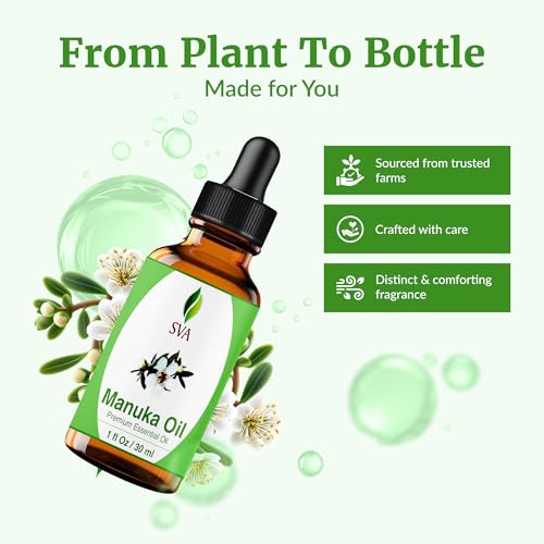 Image of SVA Manuka Essential Oil 1 Fl Oz - for Diffuser, Skin & Hair Care - Ideal for Massage & DIY Blends - with Dropper