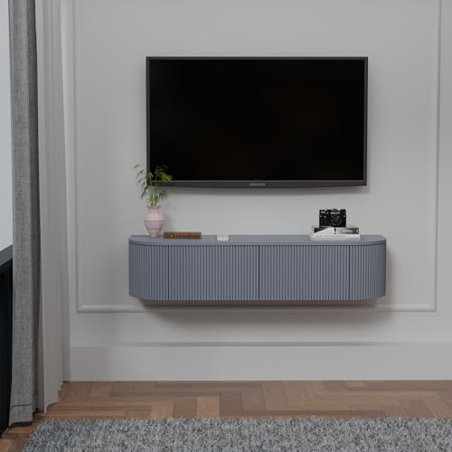 Image of Modern Solid Wood Matte Grey Wall Mounted TV Unit for Living Room | Floating TV Cabinet with Hidden Storage | Modern TV Stand for LED TV up to 55 Inch | Space Saving Wall TV Console