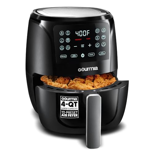 Gourmia Air Fryer Oven Digital Display 4 Quart Large AirFryer Cooker 12 1-Touch Cooking Presets, Black and Stainless Steel Accents Fry Force GAF486