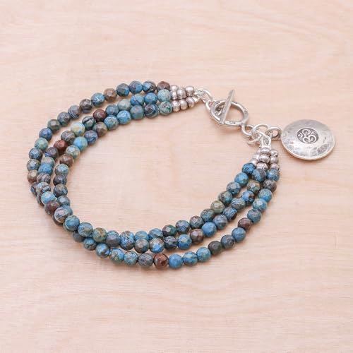 NOVICA Handmade Om Symbol Beaded Bracelet with Blue Brown Jasper Charm Fine Silver Thailand Hill Tribe Birthstone 'Tiny Globes'3