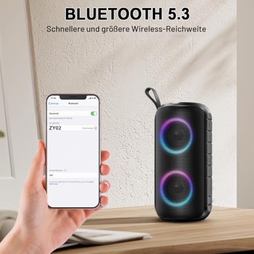 Bluetooth Lautsprecher mit Licht, RGB Blue tooth 5.3 Musikbox Tragbarer Bluetooth Box mit 20W Spitze, 52mm Durchmesser Dual Lautsprecher… – Ansicht 3