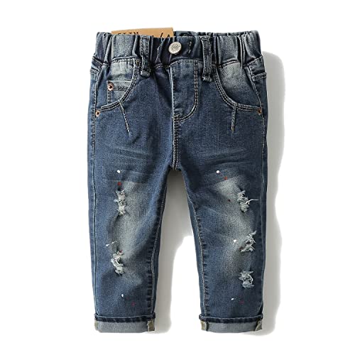 Image of KIDSCOOL SPACE Baby Girl Boy Slim Jeans,D Ring Elastic Band Inside Ripped Denim Pants
