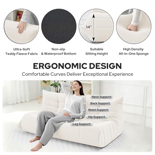 Image of Bean Bag Chairs Fireside Lazy Floor Sofa,3 Seater,Beige | Soft Teddy Fleece 3 Seater Sofa with High-Resilience Foam Filling,Beanbag for Living Room, Bedroom, Office