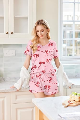 Image of Ekouaer Pajamas for Women Set Short Sleeve Loungewear Soft Pjs Shorts Set | V Neck Sleepwear with Pocket,Comfy Lounge Sets,Comfortable Fit,lightweight,Maternity,Gift,Sleeping & Bedtime,Lounging at Home