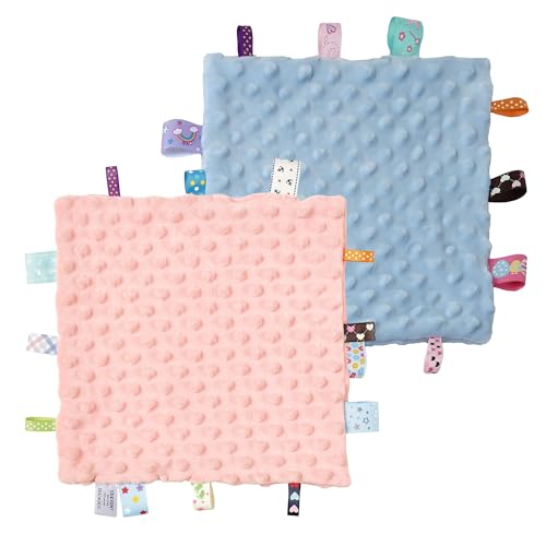 Image of CREVENT Soft Baby Lovey Security Blanket, Small Plush Comfort Blanket for Baby Girls, Sensory Soothing Toy, Newborn, 10 inch x 10 inch 2pcs