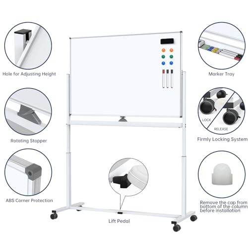 Image of Large Dry-Erase Rolling Magnetic Whiteboard - TSJ OFFICE 48 x 32 Inches Dry Erase Board with Stand Height Adjust Double Sides Mobile White Board Easel on Wheels Office, Home & Classroom