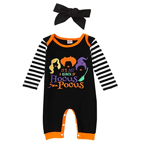 Image of Newborn Baby Girls Halloween Romper Long Sleeve Hocus Pocus Onesie Infant Striped Bodysuits+Headband Cute Fall Clothes(Black, 6-9 Months)