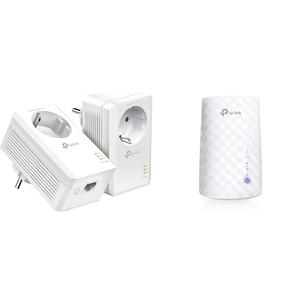 TP-Link CPL 1000Mbps z 1 portem Gigabit i zintegrowanym gniazdem typu F, obudowa CPL, TL-PA7017P KIT & Tp-Link AC750 RE190, Wzmacniacz Sygnału, 750Mbit/s, Biały