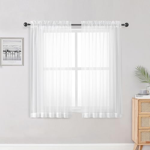 Image of OWENIE Sheer White Curtains 84 Inch Length 2 Panels Set for Living Room Bedroom, Rod Pocket Voile Sheer Panel Drapes, White, 2pcs, Each 42 inch W x 48 inch L