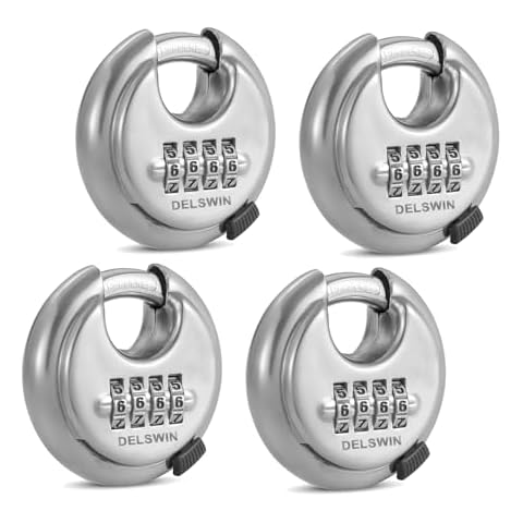 DELSWIN 4 Digit Combination Disc Padlock with Hardened Steel Shackle Outdoor Combo Gate Lock for Sheds, Storage Unit, Garage, Fence, Trailer Tongue (4 Pcs) Cover